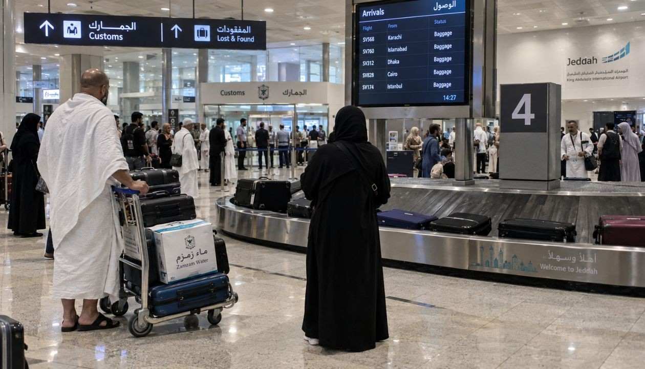 Pilgrims collecting luggage from carousel 4 at the Jeddah Airport arrivals hall before customs