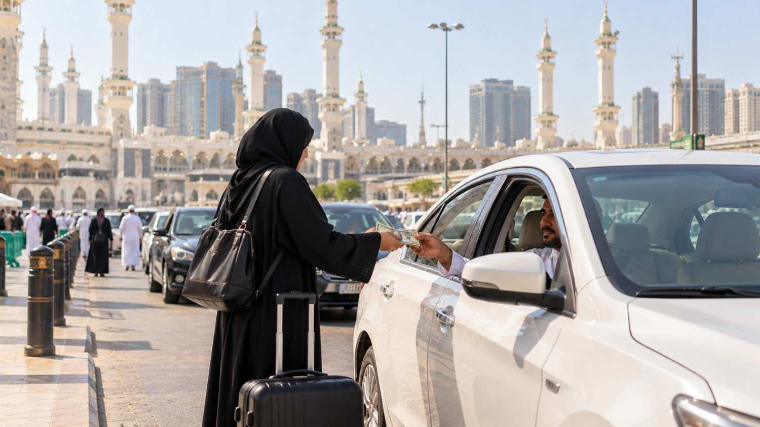 Paying a Saudi taxi fare with Apple Pay on a phone, with Saudi riyal notes as a cash backup