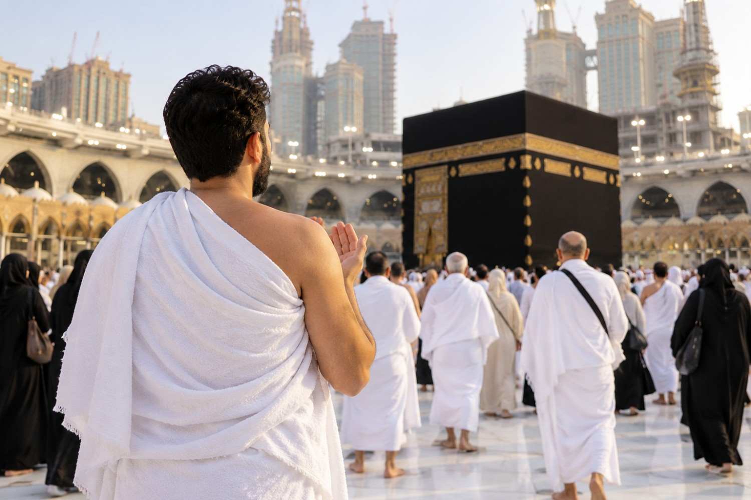 A pilgrim in the two white cloths of ihram making the intention for Umrah at the miqat