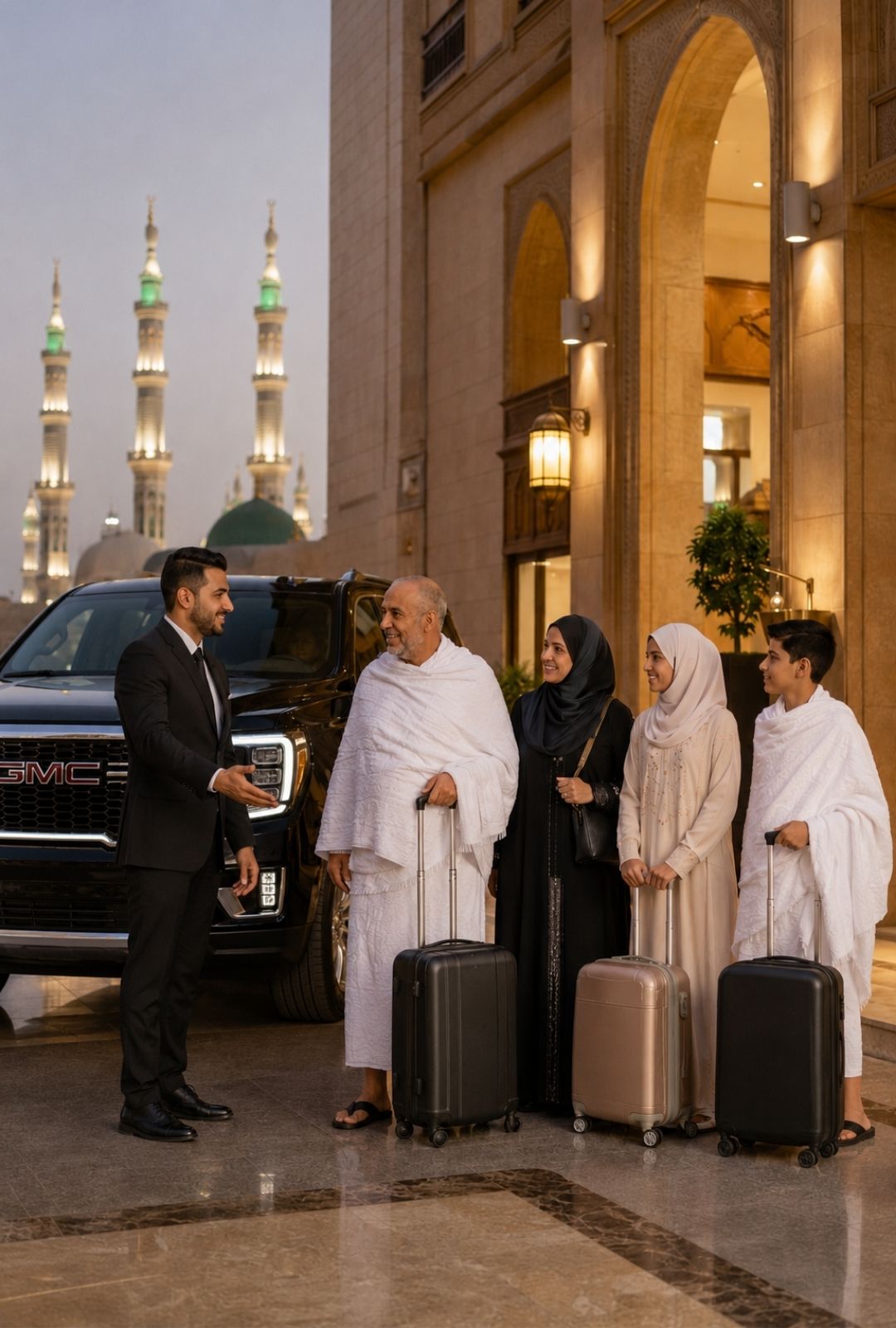 Private taxi from King Abdulaziz International Airport to Madinah, driver loading pilgrim luggage at the JED terminal