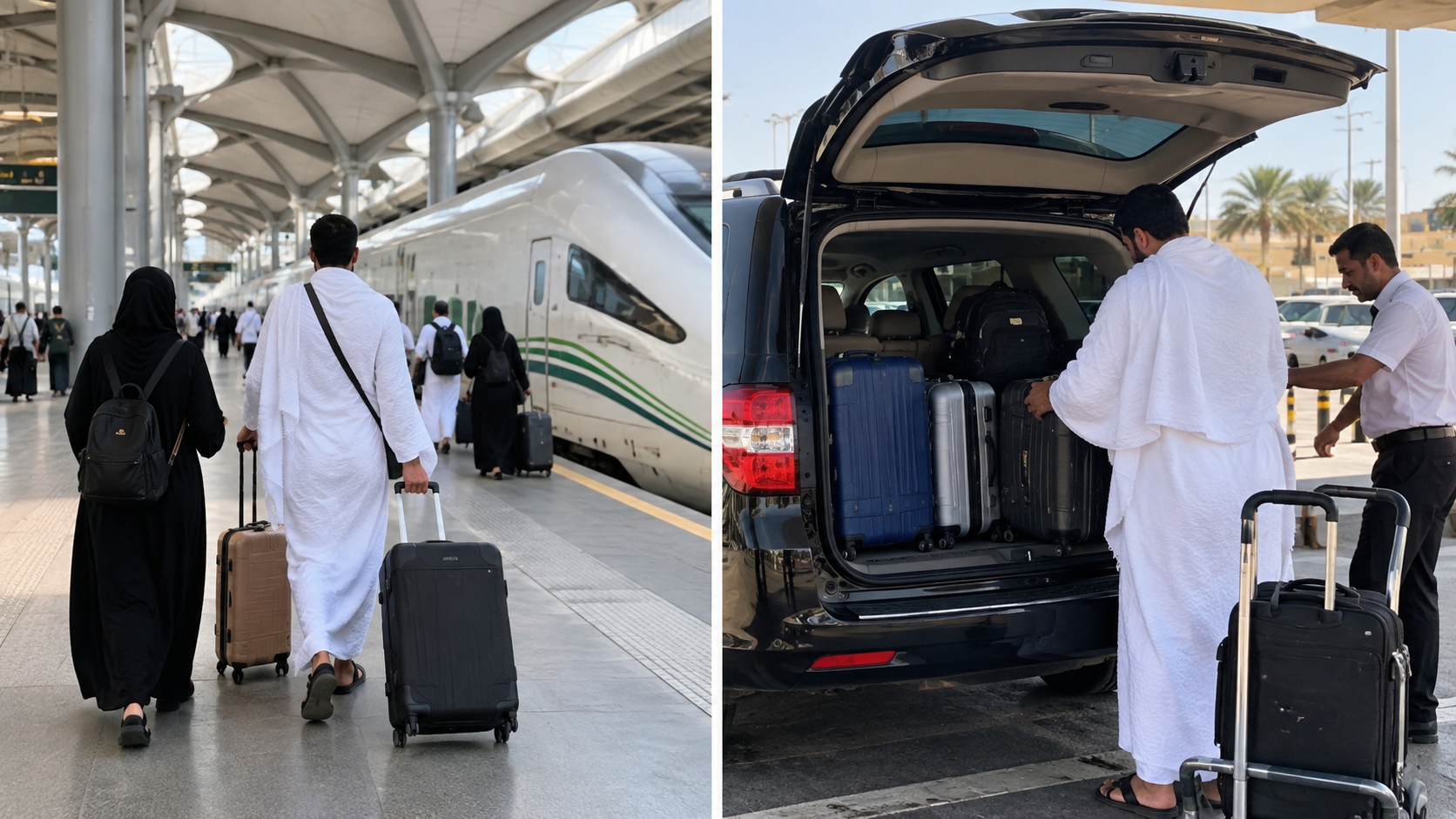 Suitcases and Zamzam containers packed into the boot of a private Umrah taxi