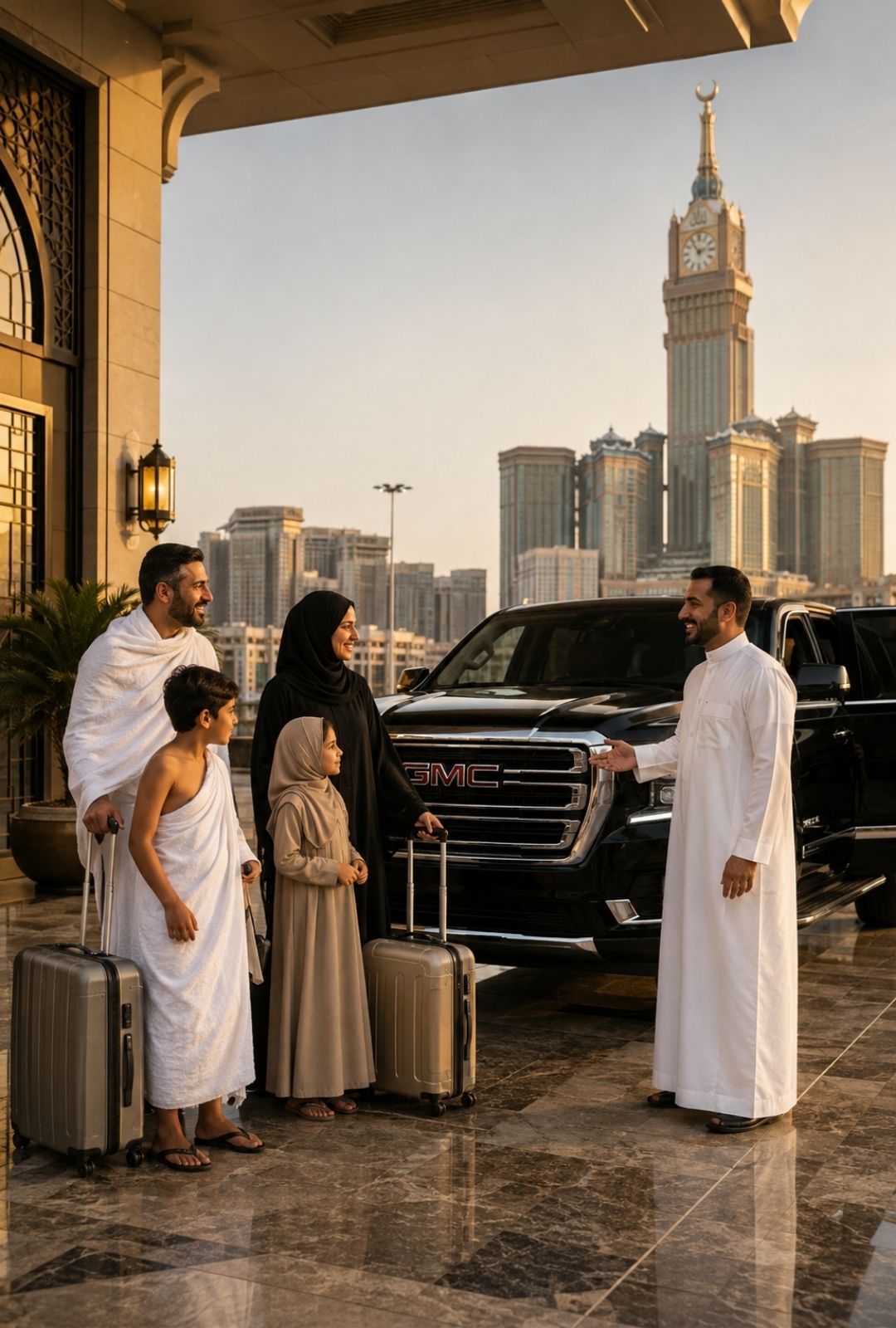 Private taxi from Makkah to Madinah loading Umrah pilgrims and luggage outside a Makkah hotel