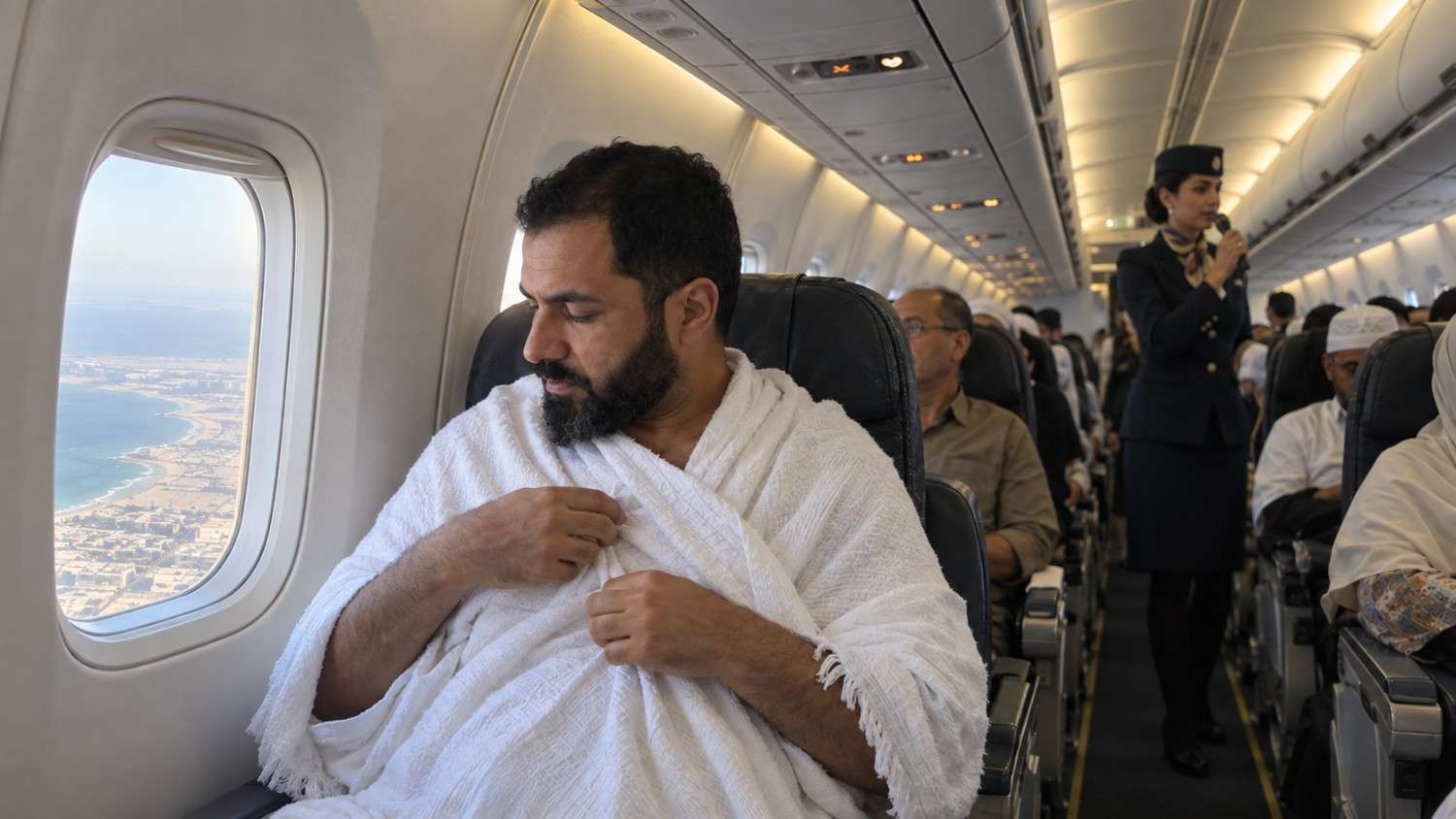 Umrah pilgrim already in ihram in his seat as the cabin crew make the miqat announcement before landing in Jeddah