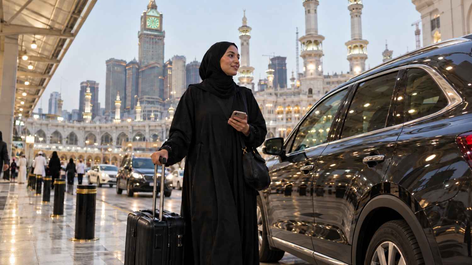 A solo female pilgrim checking the driver's name and number plate before getting into a pre-booked Umrah taxi