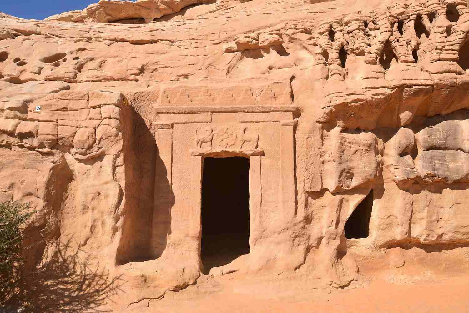 The Lion Tomb at Hegra, one of 111 monumental tombs carved by the Nabataeans.