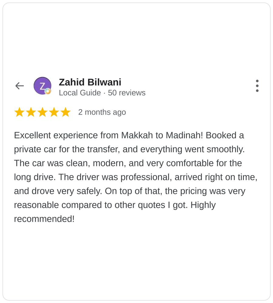 Five star Google review of Hujjaj Umrah Taxi airport pickup