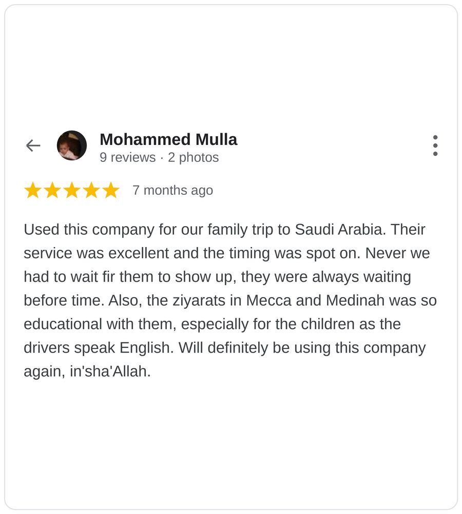 Five star Google review of Makkah to Madinah taxi journey