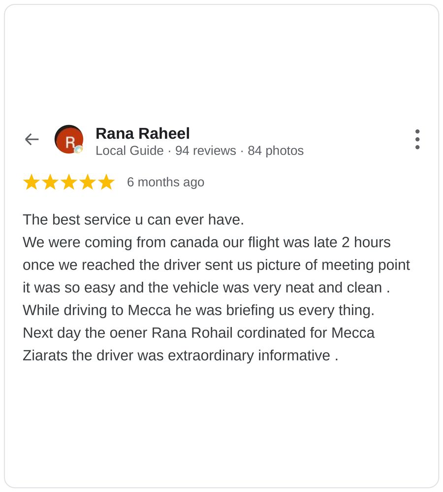 Five star Google review of family Umrah transport service