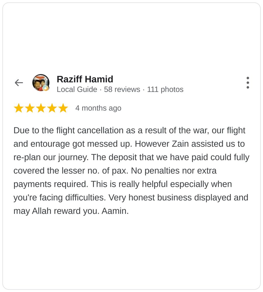 Five star Google review of 24 hour Umrah taxi pickup