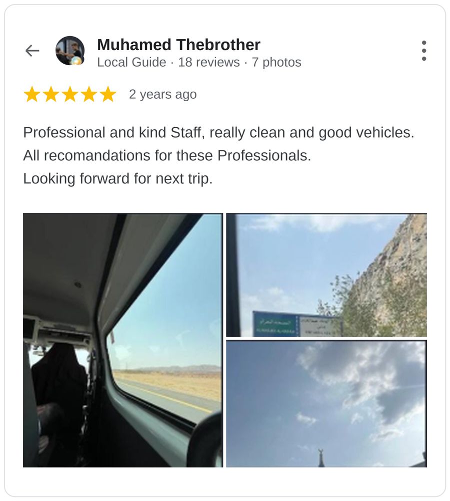 Five star Google review of Hujjaj Umrah Taxi driver service