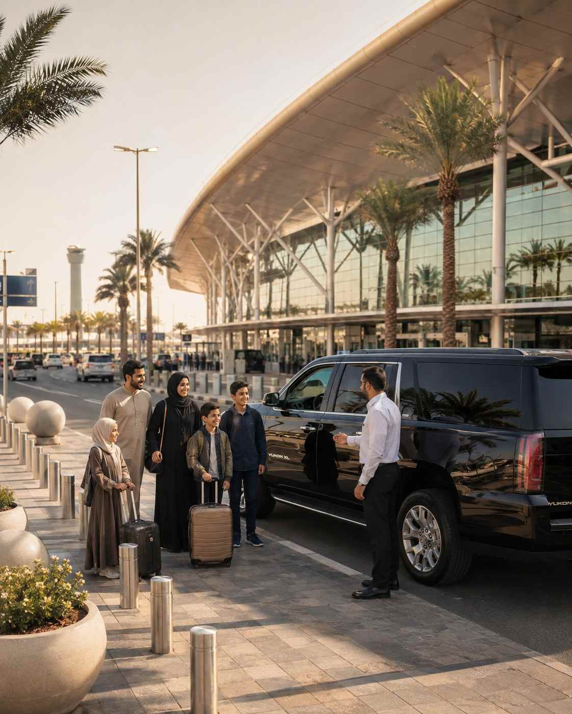 Hujjaj Umrah Taxi driver meeting a pilgrim family at Jeddah Airport arrivals