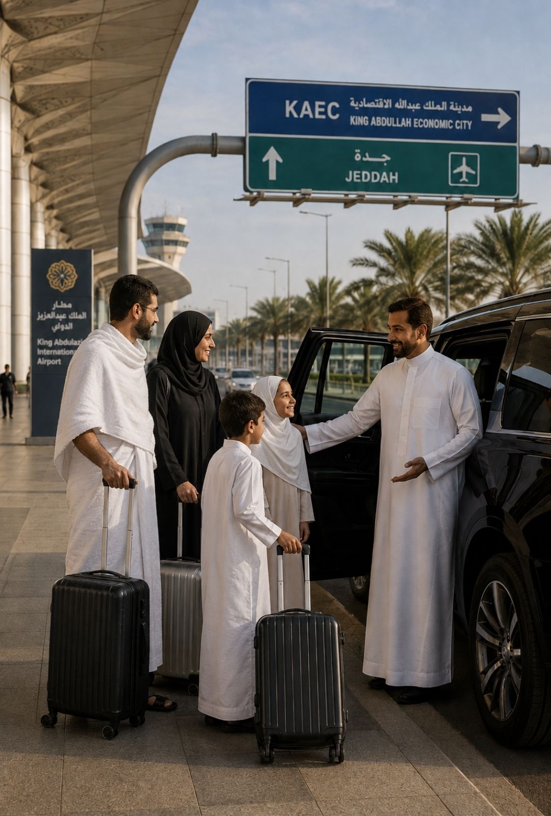 Private taxi from King Abdulaziz International Airport to King Abdullah Economic City waiting at the JED terminal