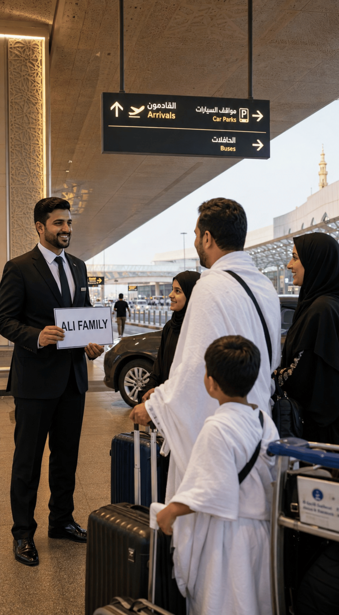 Private taxi from King Abdulaziz International Airport to Makkah waiting for Umrah pilgrims at the JED terminal