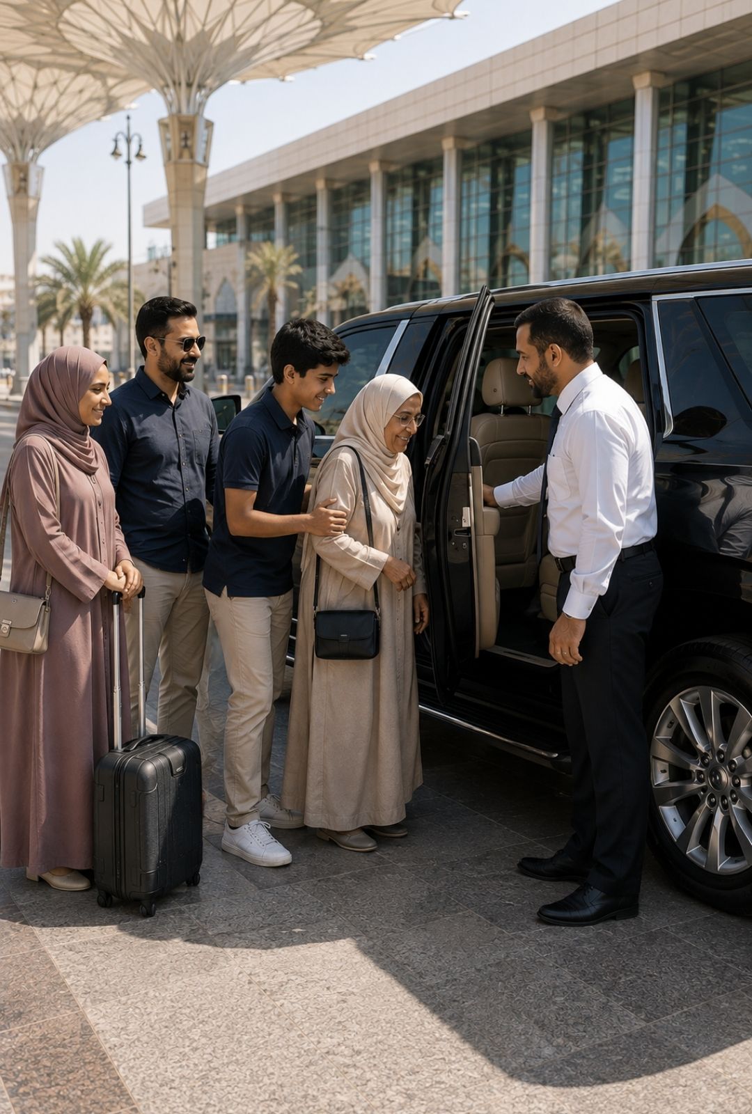 Private taxi from Madinah to Jeddah Airport loading pilgrim luggage outside a Madinah hotel